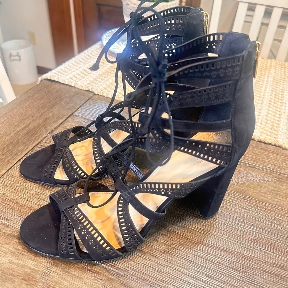 Vince‎ Camuto Mindie Black Suede Lace Up Gladiator Heels Block Heel Size 9.5